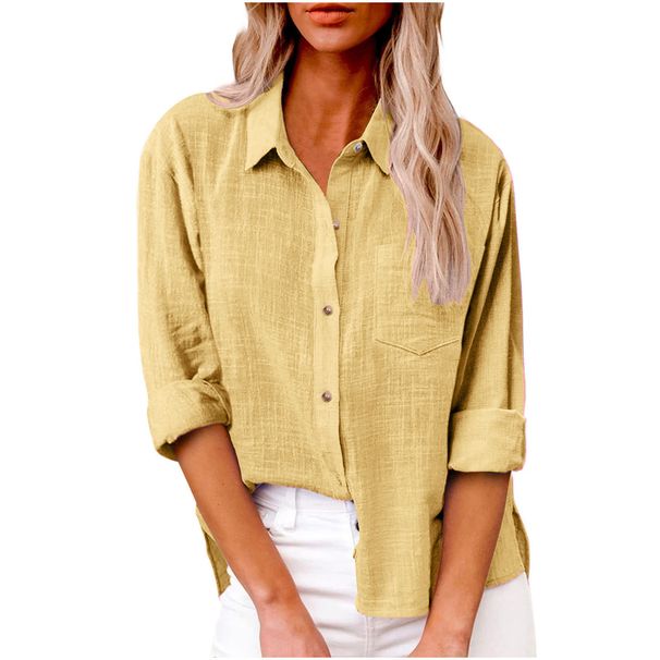 Women's Long Sleeve Cotton Linen Top Loose Solid Color Lapel Button American Style For Autumn_ecoleips.com