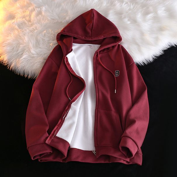 Real Shot Of Women's Hooded Zip-up Fleece-lined Thickened Sweatshirt For Autumn And Winter, Loose Long-sleeve Top,_ecoleips.com