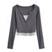 2025 Spring New Hoodie Two Piece Color Blocked Long Sleeve V-neck Slim Short Women's T-shirt Top_ecoleips.com