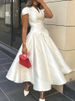 Freeacy Women's Elegant Dress V-neck Cap Sleeves Slim Fit A-line Party Dresses Solid Color High Waist Pleated Midi Dress_ecoleips.com