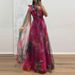 Women Sexy Slanted Neck Bow Tie Up Slim Long Dress Elegant Mesh Waist Banquet Dress Fashion Pattern Printed Asymmetry Long Dress_ecoleips.com