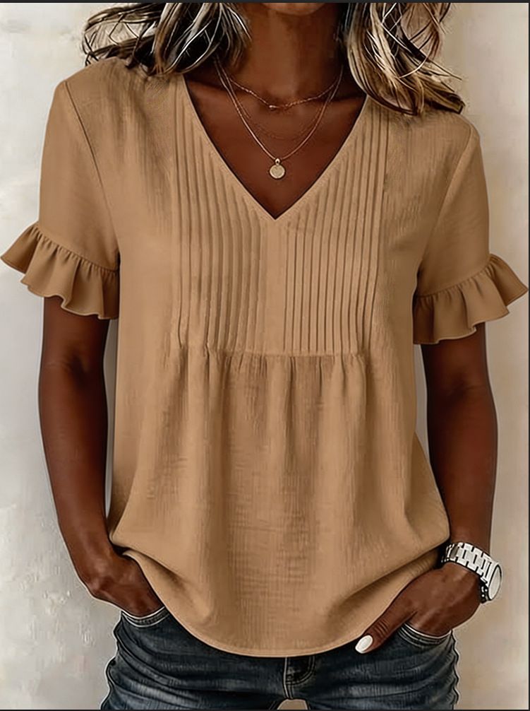 Women's Clothing Summer New Style Pleated Loose V Neck Bell Sleeve Shirt Solid Color Fashionable Design_ecoleips.com