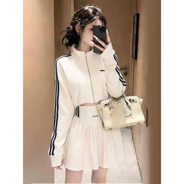 European-style Casual Sports Suit For Women, 2026 Spring And Autumn New Korean-style Slim-fit Striped Stand-collar_ecoleips.com