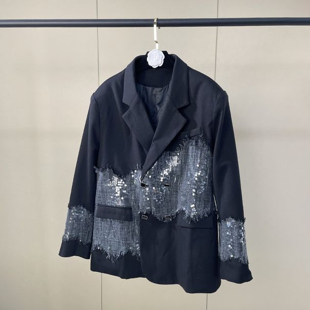 Black Oversized Blazer With Sequin Panels And Deconstructed Raw Hem, Chic Loose-Fit Women's Jacket For A Slimming Effect_ecoleips.com