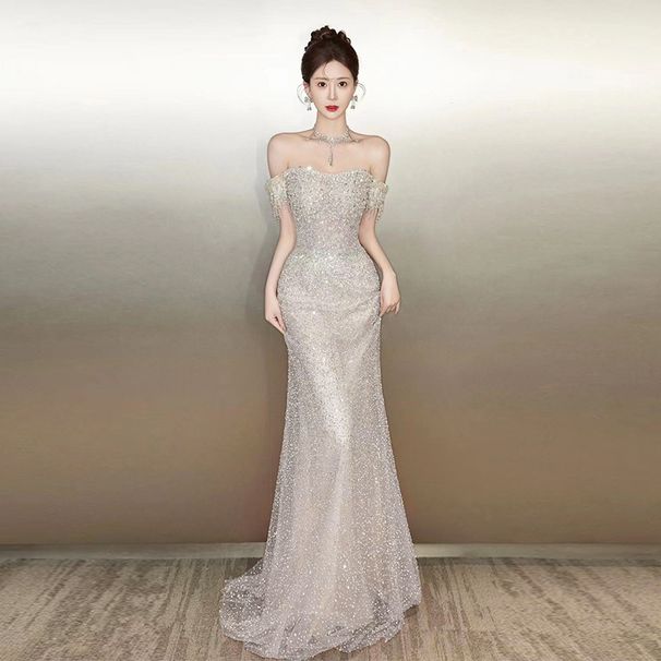 off the Shoulder Evening Gown Elegant High End Light Luxury Mermaid Tail Sequined Dress for Engagement Parties And Banquets New Style 2026_ecoleips.com