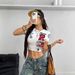 Women's Clothing Sporty Round Neck Cropped Shirt Short Sleeved Letter Badge Rabbit Print Top Street Style_ecoleips.com