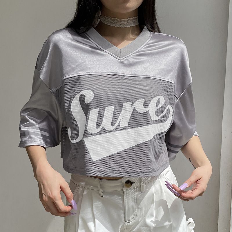 Summer Women's Printed Pullover T-Shirt V-Neck Mesh Patchwork Five-Sleeve Sports Top European And American Style Wholesale_ecoleips.com