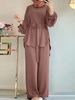 H730 Muslim Women's Solid Color Drawstring Tie Two-Piece Set Round Neck Top Wide-Leg Pants Elegant Ladies Suit_ecoleips.com