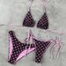 Women's Three Piece Swimwear Set Multi Color Polka Dot Tie up Bikini Bottoms Sexy Double Waistbands Triangle Bag Beach Vacationwear_ecoleips.com