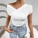 Women's Clothing Spring And Summer Pleated Oblique Collar V Neck Sexy Tops Women's Short Sleeved T Shirt_ecoleips.com