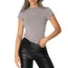 Women's Fashion Casual Short Sleeve Spring Autumn Solid Color Slim Fit Pullover T-Shirt Streetwear Base Shirt Top_ecoleips.com