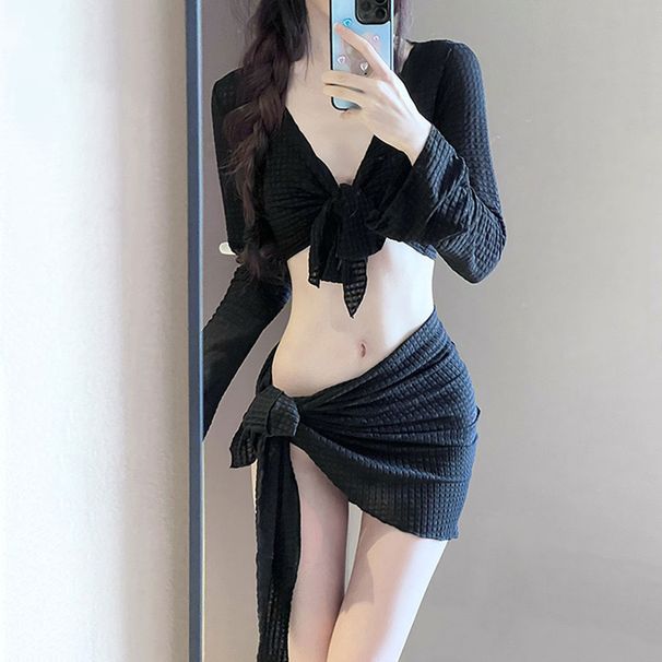 New Fashionable Women's Four Piece Set Split Skirt Style Hollow Out Conservative Swimsuit Beach Soak Hot Spring Bikini_ecoleips.com