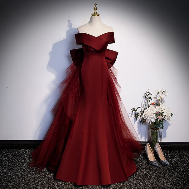 Women's Clothing Toast Dress Wine Red Fishtail Evening Dress Annual Meeting Host One Shoulder Light Wedding Dress_ecoleips.com
