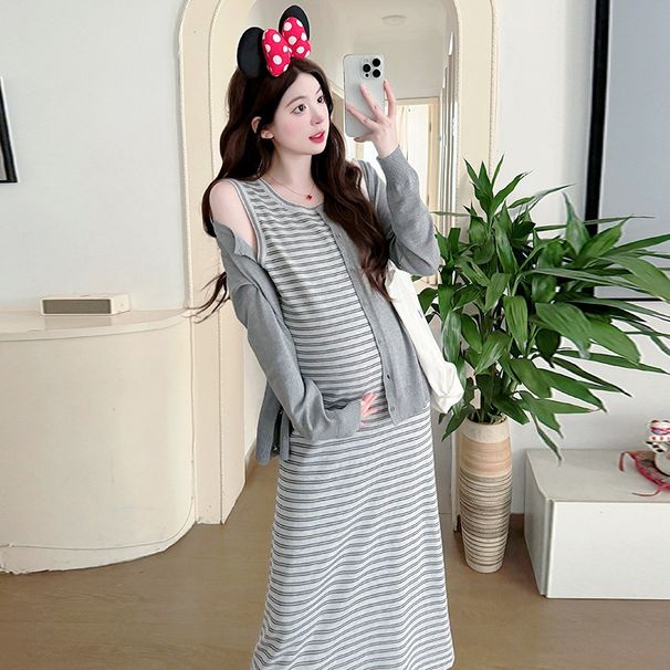 Autum New Korea Fashio Butterfly Embroidery Cardiga + Ice Silk Striped Tak Dress 2-Piece Set For Pregat_ecoleips.com