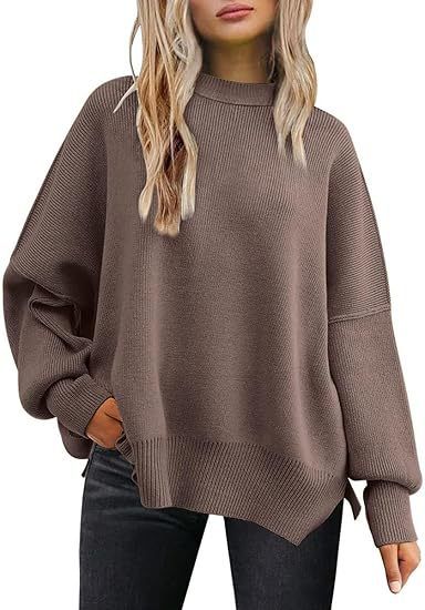 Autumn/Winter Side Slit Knit Sweater, Round Neck, Loose Fit, Solid Color, Batwing Long Sleeve Sweater, Women's Chunky Knit, European Size, Relaxed Style_ecoleips.com
