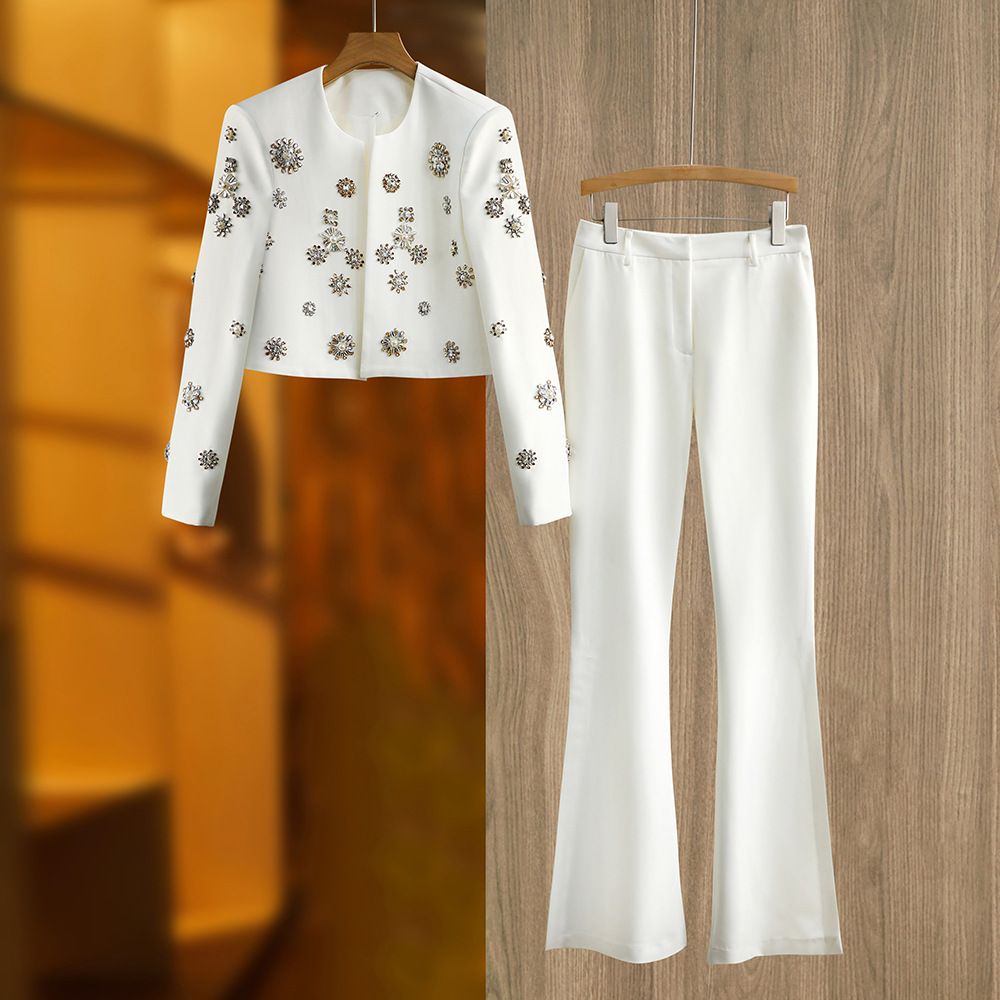 Women's Clothing Style Super Heavy Handmade Beaded Cardigan Top Split Wide Leg Pants Fashionable Trousers Two Piece Set In Stock_ecoleips.com