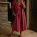 Women's Clothing Women's Linen Patchwork V Neck Dress Loose Three Quarter Sleeve A Line Midi Casual Style Commuter Spring_ecoleips.com