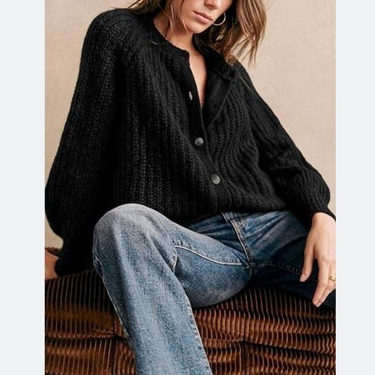 K New Women's Street Fashion Casual Solid Color Knitted Cardigan Round Neck Long Sleeve Sweater_ecoleips.com
