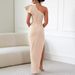 Women's Clothing Oblique Shoulder Hollow Lotus Leaf Sleeve Solid Color Slit Dress_ecoleips.com