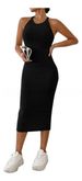 Women's Crew Neck Solid Sleeveless Spaghetti Strap Dress Knit Ribbed Longline Slim-Fit Casual Sports Tank Dress_ecoleips.com