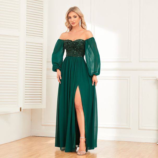 Women's Clothing Elegant Multi-Way Off-Shoulder High Slit Tie-Waist Dress With Lined Chiffon & Sequin Details, Long Sleeve Evening Gown_ecoleips.com