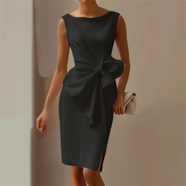 Women's Clothing 2026 New Women's Fashion Temperament Bow Dress High Waist Slim Solid Color Dress_ecoleips.com