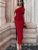 AC022 European And American 2024 Summer New Women's Solid Color One-Shoulder Sleeveless Ruched Slit Elegant Dress_ecoleips.com