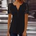 Women's Short Sleeve T-Shirt Lace Trim Pleated Solid Color Printed Button Up Casual Top_ecoleips.com