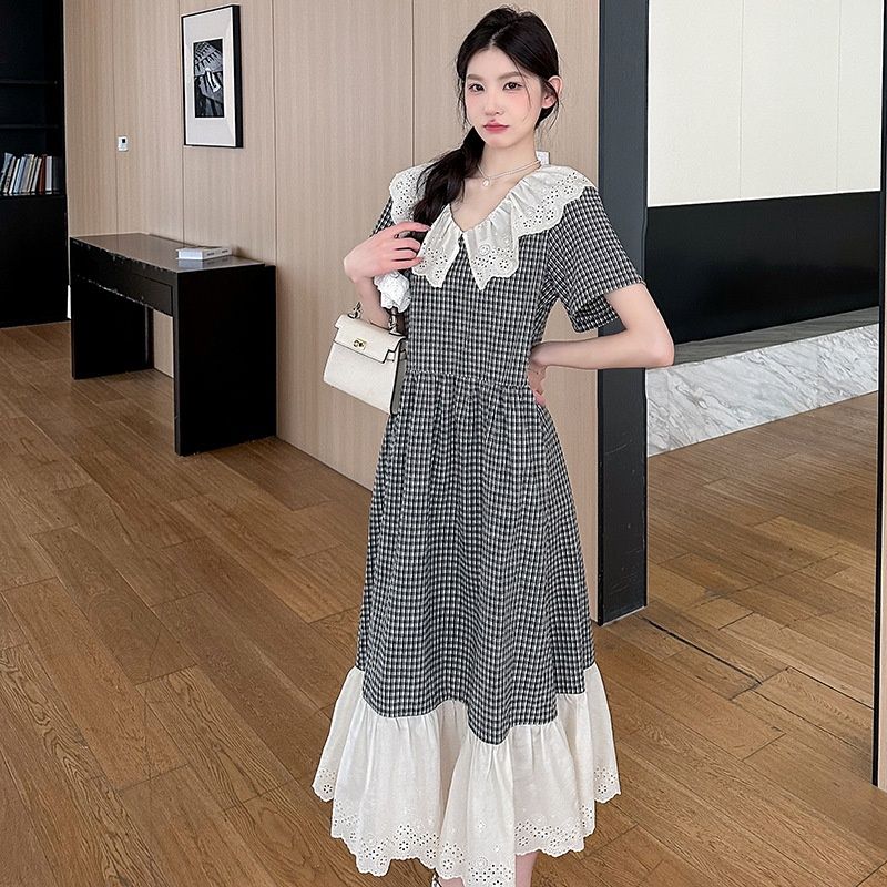 Summer New Korean Fashion Lace Trim Plaid Patchwork V-Neck Maternity Dress_ecoleips.com