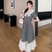 Summer New Korean Fashion Lace Trim Plaid Patchwork V-Neck Maternity Dress_ecoleips.com