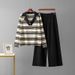 Women's Autumn New Arrival Collared Color Blocked Striped Two Piece Set Long Sleeved Knit Top And Wide Leg Pants Casual Versatile Design_ecoleips.com