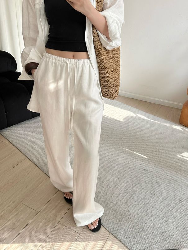 Slack Linen Wide-leg Pants Summer Loose Versatile Drawstring Straight White Casual Trousers Korean Fashion 2026_ecoleips.com