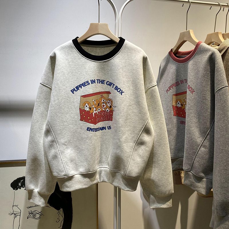 Real Shot Color Block Fleece Lined Thickened Sweatshirt For Women, Autumn Winter 2024 New Loose Long Sleeve Top Thin_ecoleips.com