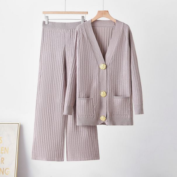 Women's European American Style Fashion Suit Cardigan Copper Button Top Casual Pants Two Piece Set Spring Autumn New_ecoleips.com