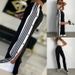 Women's Clothing Leg Pants Fashion Straight Leg Pants With Side Buttons & Striped Design - High Waist Wide Leg Trousers In Stretch Knit Fabric_ecoleips.com