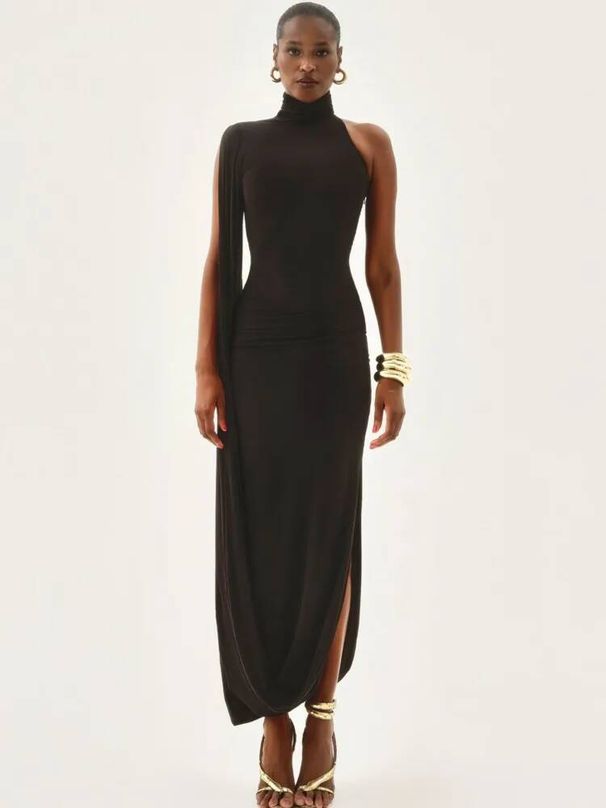 Blifanbo Split Turtleneck Sexy Maxi Dress Women Gown One-shoulder High Waist Bodycon Solid Fashion Club Party Long Dress Elegant_ecoleips.com