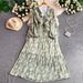Women's French Style Elegant V Neck Dress Summer Slimming Flattering Lantern Sleeve Pleated Hem_ecoleips.com