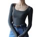 Women's Square Neck Ribbed Fabric T-Shirt Black Low Neck Patchwork Striped Base Layer Autumn Top American Style_ecoleips.com