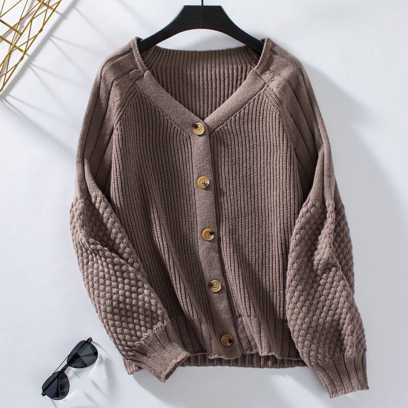Solid-Color Button Knitted Cardigan For Autumn And Winter, Casual Loose Lantern Sleeve Sweater For Women_ecoleips.com