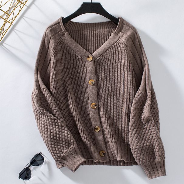 Solid-Color Button Knitted Cardigan For Autumn And Winter, Casual Loose Lantern Sleeve Sweater For Women_ecoleips.com