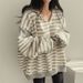 Korean Style Women's Cotton Sweatshirt V-Neck Striped Hooded Pullover Fleece Lined Casual Thin for Spring Autumn Winter_ecoleips.com
