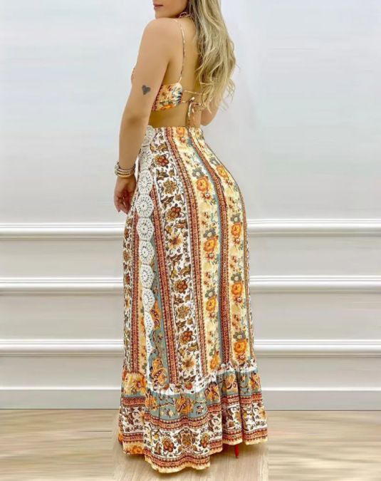 Women's Clothing Printed Sexy Backless Tie Elastic Temperament Elegant Cool Suspenders Female Long Skirt_ecoleips.com