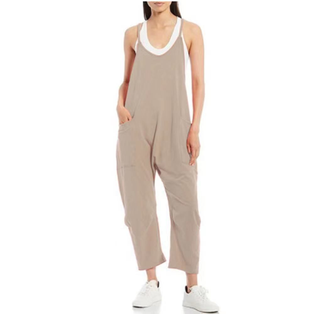 Women's Solid Color Jumpsuit – Strapless Wide-Leg Romper With Utility Pockets, Casual & Chic One-Piece Outfit_ecoleips.com