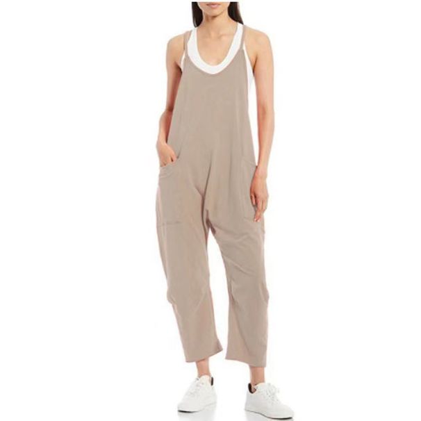 Women's Solid Color Jumpsuit – Strapless Wide-Leg Romper With Utility Pockets, Casual & Chic One-Piece Outfit_ecoleips.com