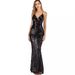 Women's Clothing Elegant Backless Sequin Evening Dress Sexy V-Neck Sleeveless A-Line Long Gown With Slit, Glamorous Party Dress For Wedding, Night Out_ecoleips.com