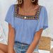 Elegant Summer Vacation Blouse With Lace Embroidery, Square Neckline & Peek-A-Boo Back Detail – Flowy Short Sleeve Top For Women_ecoleips.com