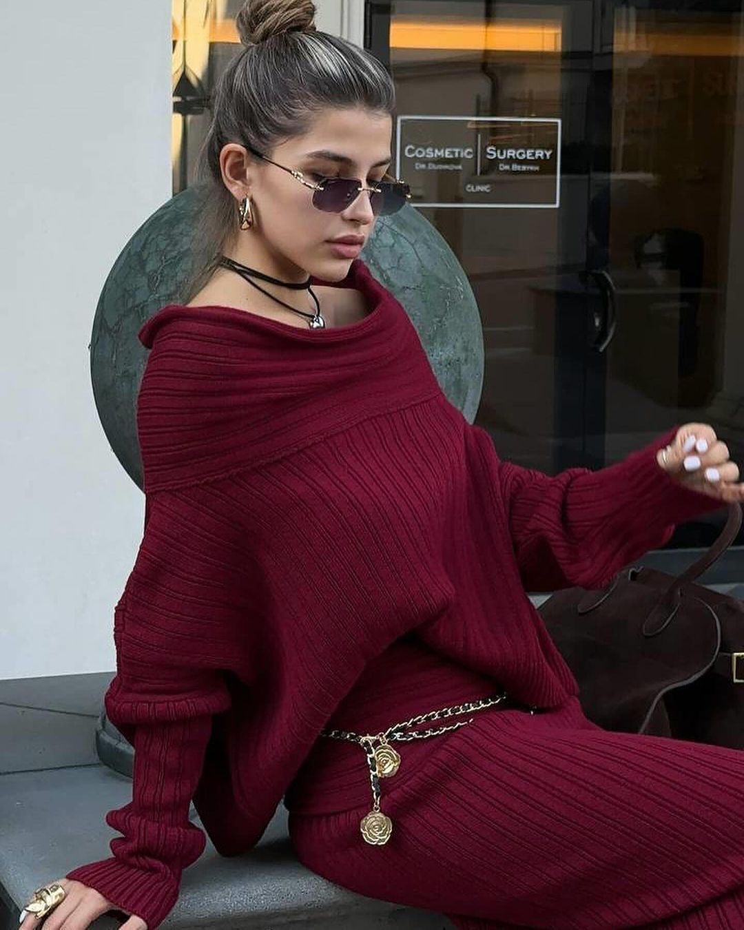Women's Clothing One Shoulder Slim Loose Solid Color Knitted Sweater Two piece Set Long Sleeve_ecoleips.com