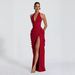 Elegant Style Long Evening Gown Halter Neck Deep V Front Pleated Bodycon Dress With Slit Diagonal Pleats For Women_ecoleips.com