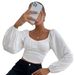 Voya Women's Spring And Summer New Casual Party Vacation Waist Cinched Long Sleeved Women's T-shirt Ultra Short Top_ecoleips.com