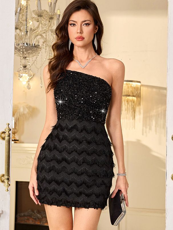 Women’s Sexy One-Shoulder Fringe Sequin Dress – Glamorous Party Dress For Night Out & Special Occasions_ecoleips.com